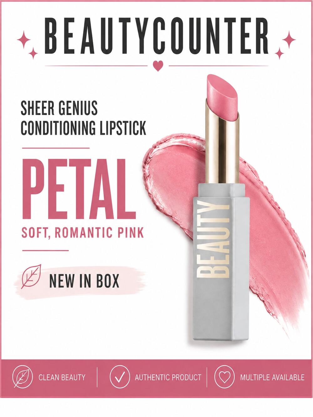 Beautycounter Sheer Genius Conditioning Lipstick Petal NIB